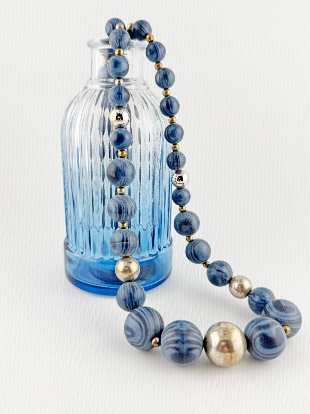 Vintage Blue Marbled Swirl Bead Statement Necklace Chunky Boho Graduated